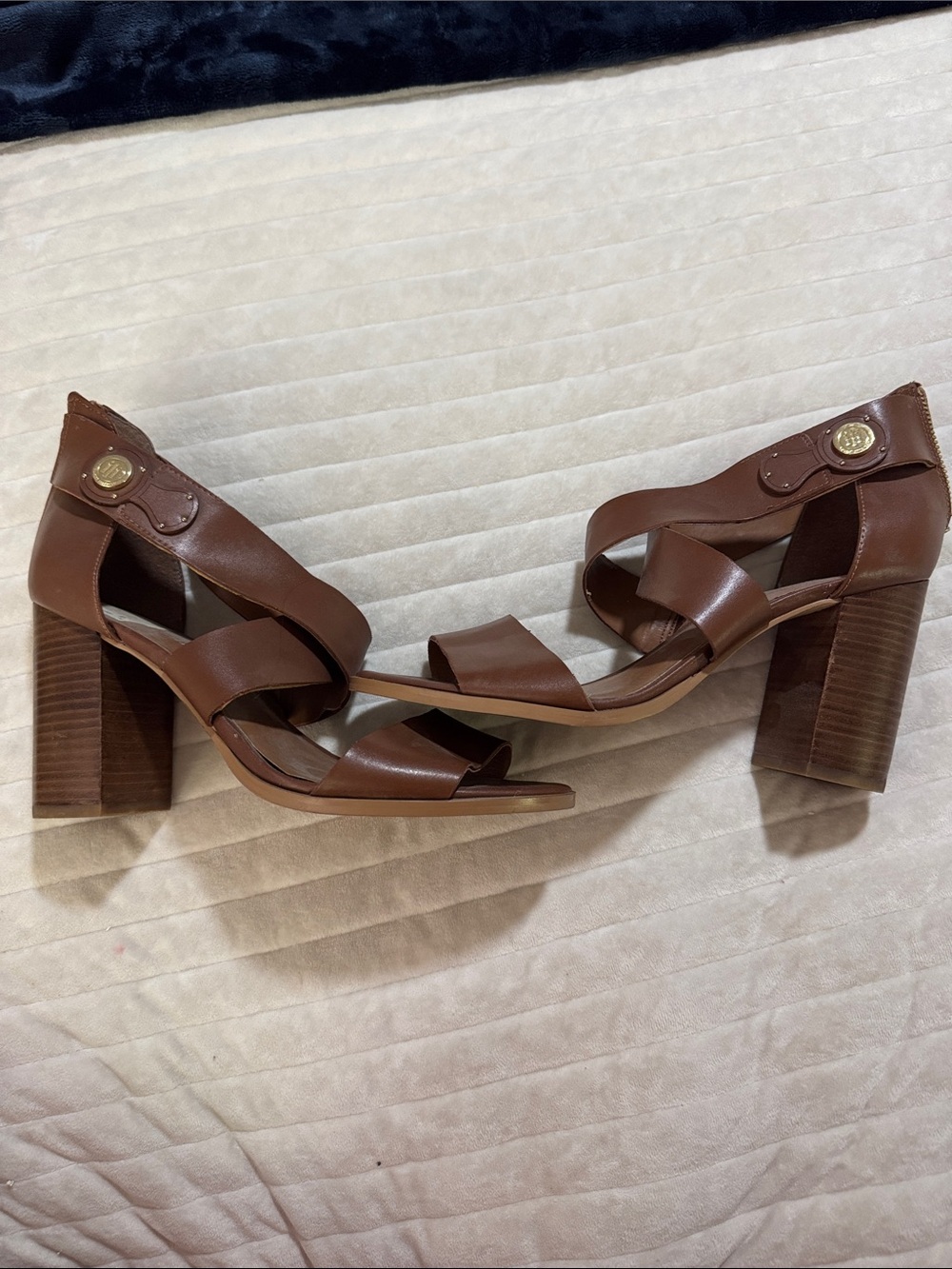Tommy Hilfiger Chestnut Brown Leather Strappy Block Heel Sandals
